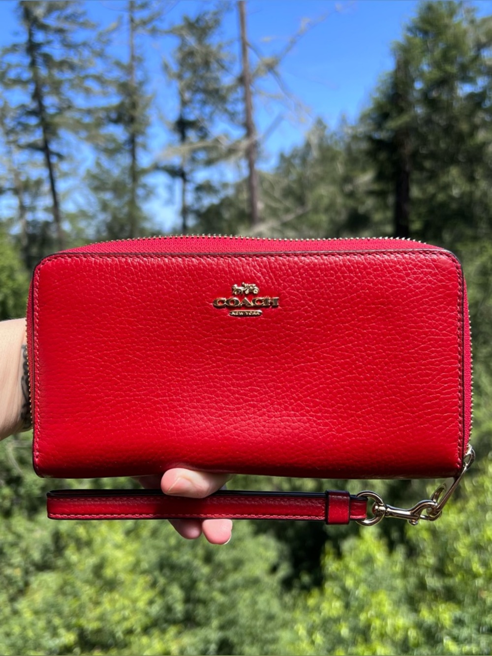 COACH Long Zip-Around Red Leather Wallet Wristlet with Gold Hardware AUTHENTIC